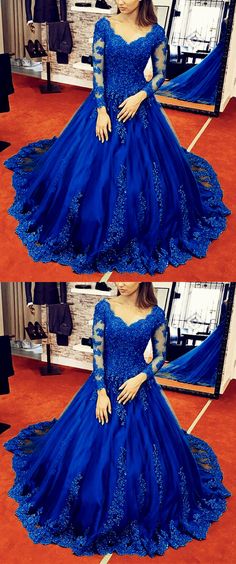 Blue V-neck Gown For Wedding, Royal Blue Long Sleeve Quince Dress, Blue Lace Ball Gown For Wedding, Blue Lace Gown With Sweep Train, Royal Blue Wedding Gown With Sweep Train, Blue V-neck Gown For Prom Season, Blue V-neck Dress For Debutante Ball, Blue Long Sleeve Lace Gown, Blue Long Sleeve Wedding Ball Gown