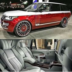 the inside and outside view of a red range rover with chrome rims on it