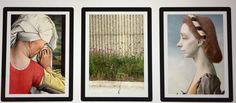 three framed pictures of women with headscarves and hair in various frames on the wall