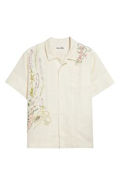 Story mfg. Greetings Embroidered Short Sleeve Cotton & Linen Button-Up Shirt | Nordstrom Embroidered Botanicals, Embroidery Shirt Men, Shirts Embroidery, Retro Bowling Shirts, Oc Fashion, 2024 Fits, Retro Bowling, Story Mfg, Short Sleeve Linen Shirt