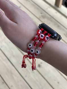 Evil eye Apple Watch band in colors Red and white Size 38-40mm and size 42-44mm come in 3 strands Banda de reloj de Mal de ojo en colores rojo y blanco Tamaño 38-40mm y tamaño 42-44mm vienen con 3 tiras Red Rectangular Watch Band With Bracelet Strap, Red Bracelet Strap Apple Watch Band, Red Rectangular Bracelet Strap Apple Watch Band, Red Apple Watch Band Bracelet Strap, Red Apple Watch Band With Bracelet Strap, Red Adjustable Rectangular Watch Bands, Adjustable Red Rectangular Watch Bands, Casual White Adjustable Apple Watch Band, Casual Adjustable White Watch Band