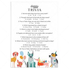 Dog Trivia Questions and Answers Printable by LittleSizzle Dog Trivia, Dog Knowledge, Doggie Birthday, Puppy Pawty, Puppy Birthday Parties, Puppy Paw, Multiple Choice Questions, Trivia Questions And Answers, Funny Questions