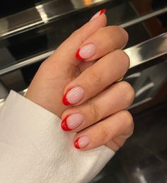 Red French Round Nails, Short Nail Designs Red French Tips, Shellac Almond Nails Designs, Short Round Red French Tip Nails, Red French Dip Nails, Red French Tip Nails Short Round, Short French Tip Acrylic Nails Round With Design, Short Nail Red French Tip, Simple Christmas Nails Oval Short