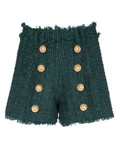 Elevate your style with these Balmain tweed shorts featuring exquisite button detailing. Fashion meets function with these comfortable and stylish shorts, perfect for any occasion. Show off your elegant and sophisticated side while enjoying the chic and luxurious feel of these shorts. Upgrade your wardrobe today!HighlightsHigh waist cut8 decorative golden metal 'Lion Head' buttonsSlanted pocketsDouble belt loopsGolden metal zip fastening at the backFrayed edgingMade in FranceComposition 79% polyamide, 15% virgin wool, 6% cottonWashing instructionsDry Clean OnlyDesigner Style ID: BF1PA313XF91Designer colour: 7CX Balmain Tweed, Green Tweed, Tweed Shorts, Lion Head, Roberto Cavalli, Metal Buttons, Gold Buttons, Victoria Beckham, High Waisted Shorts