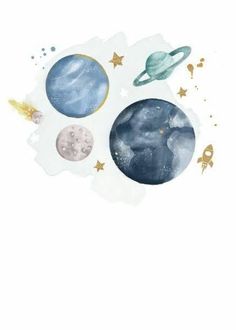 watercolor painting of planets and stars on a white background