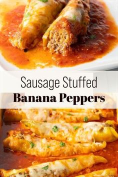 sausage stuffed banana peppers in a casserole dish with sauce and cheese on top