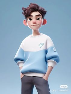 an animated boy in a blue and white sweater with his hands on his hips, looking at the camera