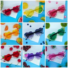 Kawaii Heart Sunglasses, Cute Colorful Glasses, Cute Fruit Glasses, Fruit Heart Shades, Customized Fruit Sunglasses Now you can customize your colorful fruit sunglasses! Please read the steps below.   1. First step is picking your base shades color. You can pick a matching color to your fruit selection(s) or a fun contrasting color: -Red -Hot Pink -Pink Gradient -Light Pink -Orange -Yellow -Green -Light Blue -Teal Blue -Dark Blue(Gradient) -Purple Gradient -Purple -Clear -Black -Brown -Brown Gradient 2. Choose your big charms(these go on the sides) -No Charms -Peach -Dragonfruit -Pink Strawberry -Red Strawberry -Watermelon -Cherry -Orange Slices -Lemon -Pineapple -Banana -Kiwi -Blueberry -Grape 3. Choose your drip color: -Clear Iridescent Glitter -White 4. Choose your sprinkles. This is ex Fun Handmade Pink Sunglasses, Playful Heart-shaped Sunglasses For Summer, Cheap Playful Flower-shaped Sunglasses, Heart-shaped Multicolor Sunglasses With Gradient Lenses, Glasses Cute, Gradient Light, Fruit Hearts, Colorful Glasses, Sunglasses Cute