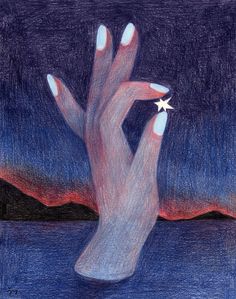 a drawing of a hand holding a star in the night sky with mountains and water behind it