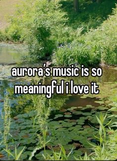 the words aurora's music is so meaningful i love it in front of some water lilies