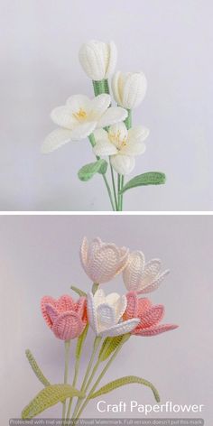 crocheted flowers are shown in two different pictures, one is white and the other is pink