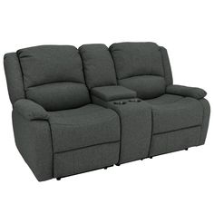 two seat reclining sofa with cup holders on the back and armrests in grey fabric