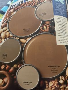 the inside of a magazine with different colors of paint and nuts on it's cover