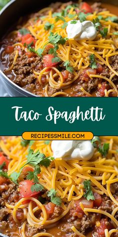 taco spaghetti in a skillet topped with sour cream and cilantro garnish