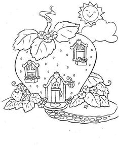 a heart shaped strawberry with birds and flowers on it, surrounded by other things in the background