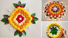 four different pictures of flowers arranged in the shape of a circle and surrounded by lights