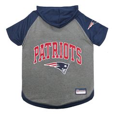 a gray and blue dog shirt with the new england football team on it's chest