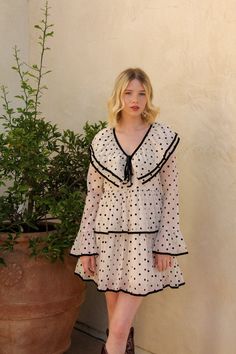 Melissa Mini Polka Dot Dress – LLACIE Dress Long Sleeves, Fashion Mood Board, Polka Dress, Tier Skirt, Trim Detail, Tiered Skirt, Black Trim, Dot Dress, Fashion Labels