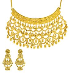 Make a bold statement on your wedding day with this gorgeous 22k gold necklace and earrings set by Virani Jewelers. Designed to perfection, this gold bridal jewelry set is a true symbol of sophistication and refinement. Adorn yourself with the timeless elegance of Indian jewelry and showcase your impeccable sense of style on your most special day.Features• 22k yellow gold• Beading• FiligreeNecklace Specifications:• Minimum Width - 2 millimeters• Maximum Width - 60.85 millimeters• Length - 14 inc Gold Temple Necklace For Reception And Festivals, Gold Plated Temple Jewelry Bridal Necklace For Reception, 22k Yellow Gold Bollywood Bridal Necklace, 22k Yellow Gold Temple Necklace For Wedding, Heavy Yellow Gold Jewelry Sets For Celebration, Yellow Gold Bollywood Bridal Necklace, Bollywood 22k Yellow Gold Bridal Necklace, Wedding 22k Yellow Gold Temple Necklace, Bollywood Style 22k Yellow Gold Bridal Necklace