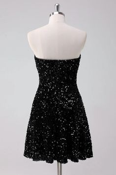 Amzcw Sparkly Black A Line Strapless Short Homecoming Dress with Sequins Sequin Party Dress Short, Party Dress Inspiration, Homecoming Dresses Sparkly, Sparkle Mini Dress, Sequin Homecoming Dress, Lovely Partner, Dress With Sequins, Dress Up Day, Dress Occasion