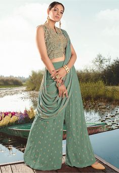 Embroidered Georgette Crop Top with Palazzo in Dusty Green : TCH148 Western Party Wear Dresses, Indowestern Saree, Western Party Wear, Indo Western Dresses For Women, Indo Western Dress, Palazzo Suit, Utsav Fashion, Wear Green, Georgette Fabric