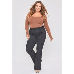 Oh, the possibilities! Our Junior's Plus Size Basic Flare Jean is ready for work, date night, and everything in between. The super-soft fabric makes this piece even more comfortable than they look. Featuring classic 5-pocket construction, trendy flares, single-button closure with front zip, and belt loops. Measurement (Based on size 18) - Inseam: 33 - Rise (To top edge of band): 12 - Leg Opening: 23 Composition: - 73% Cotton/ 25% Polyester/ 2% Spandex  Machine wash cold.  Model is wearing a size Plus Size Flare Jeans, Elastic Jeans, Ymi Jeans, High Rise Bootcut Jeans, High Rise Denim, Plus Size Jeans, Fit & Flare, Denim Women, All Fashion