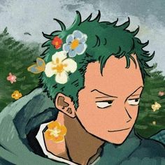 an anime character with green hair and flowers in his hair, looking at something off camera