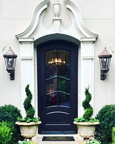 a black front door with potted plants and two lights on the side of it