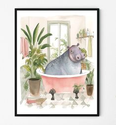 a watercolor painting of a hippopotamus in a bathtub with potted plants