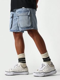 Cargo Denim Short Baby Blue    Denim Plain Wide Leg Non-Stretch  Men Clothing, size features are:Bust: ,Length: ,Sleeve Length: Distressed Denim Cargo Jeans, Casual Cotton Cargo Jeans With Frayed Hem, Casual Washed Blue Distressed Cargo Jeans, Sporty Blue Denim Jeans, Blue Sporty Denim Jeans, White Denim Cargo Jeans For Streetwear, White Denim Cargo Jeans, Casual White Denim Cargo Jeans, Jeans Cargo