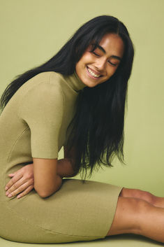 Fine Knitted Turtleneck Mini Dress Green Stretch Mini Dress With Short Sleeves, Ribbed Bodycon Dress With Short Sleeves, Green Bodycon Mini Dress With Short Sleeves, Green Stretch Sweater Dress Knee-length, Green Stretch Knee-length Sweater Dress, Green Ribbed Knee-length Mini Dress, Green Fitted Mini Sweater Dress, Turtleneck Mini Dress, Knitted Turtleneck