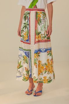 Off-White Tropical Destination LENZING™ ECOVERO™ Euroflax™ Midi Skirt – FARM Rio Tropical Multicolor Floral Print Skirt, White Printed Flowy Bottoms, White Printed Long Skirt, White Printed Beach Skirt, White Floral Print Long Skirt, White Tropical Print Bottoms, Tropical Flowy Skirt Bottoms With Floral Print, Tropical Destinations, Farm Rio