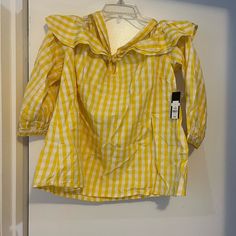 Brand New Top Fall Yellow Cotton Blouse, Yellow Cotton Blouse For Fall, Yellow Cotton Spring Tops, Yellow Cotton Tops For Spring, Mustard Cotton Top For Spring, Mustard Cotton Tops For Spring, Yellow Cotton Blouse For Day Out, Red Trench Coat, Lace Trim Top