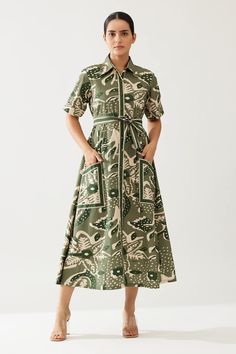 Green and cream midi shirt dress with floral print and patch pockets. - Aza Fashions Shirt Dress For Women, Shirt Dress Women, Dress With Floral Print, Poplin Dress, Midi Shirt Dress, Dress For Women, Women Dresses, Dress Pattern, Aza Fashion