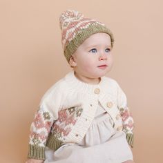 Intricate fair isle knit design, featuring our Moss, Blush, Rose, and Bowie Grey colors. • Designed in Salt Lake city • Crafted with care using 100% hand-knit acrylic • Hand wash and lay flat to dry Fair Isle Hat, Welcome Winter, Colors Matching, Knitted Baby Cardigan, Bear Hat, Baby Shower Dresses, Blush Rose, Fair Isle Knitting, Baby Sale