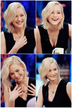 four pictures of a woman with blonde hair smiling and holding her hand up to the side