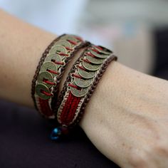 NOVICA - Coin & Wood Wristband Bracelets Crocheted Bracelets, Colorful Threads, Rain Tree, Chinese Coin, Paper Quilling Jewelry, Quilling Jewelry, Coin Bracelet, Buy Bead, Wristband Bracelet