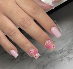 Medium Length Pink Acrylic Nails, Pink Name Tattoo, Flower Nails With Gems, Besame Mucho Nails, Cute Short Square Nails, French Tip Nails Spring, Diy Acrylic Nails, Sweet Revenge, Simple Acrylic Nails