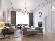 a living room filled with furniture and a fire place under a chandelier in front of a window