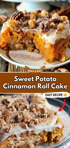 sweet potato cinnamon roll cake with icing and pecans