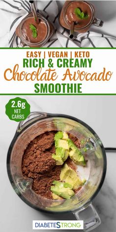 chocolate and avocado smoothie in a blender with the words easy vegan keto rich & creamy chocolate avocado smoothie