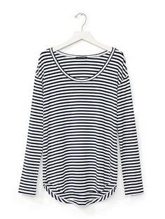 Striped Modal Tee | Banana Republic Casual Long Sleeve Top With Scoop Neck For Everyday, Casual Long Sleeve Scoop Neck Top For Everyday, Casual Modal Top With Relaxed Fit, Relaxed Fit Top With Curved Hem For Fall, Casual Tops With Curved Hem For Spring, Spring Casual Tops With Curved Hem, Casual Spring Tops With Curved Hem, Trendy Tops With Shirttail Hem For Fall, Casual Long Sleeve Scoop Neck Top For Layering