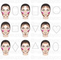 Contour, Blush and Highlight Guide for Different Face Shapes Tutorial Eyeliner, Projek Menjahit, Makeup Companies, Face Charts, Face Chart, Beauty Make-up, Makijaż Smokey Eye