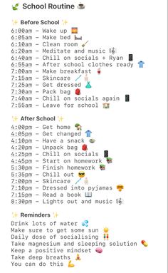 Schedule For The Day Daily Routines, Week Day Schedule, Morning Routines For School 7am, Best School Routines, School Daily Routine Schedule, Back From School Routine, Cute Morning Routine List, Routines For Teenagers School, After School Routine Checklist