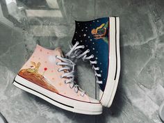 Hand Painted Men's High Top Sneakers Disney Painted Shoes, Groom Wedding Shoes, Painted Converse, Painted Shoes Diy, Cute Converse, Custom Painted Shoes, Men's High Top Sneakers, Painted Sneakers, Cartoon Shoes