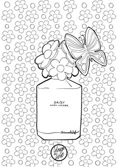 a drawing of a bottle with flowers in it and a butterfly sitting on the top