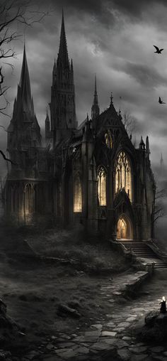 an old gothic church in the middle of a dark forest with bats flying around it