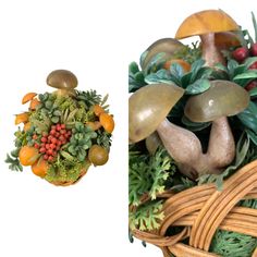 a basket filled with fruit and vegetables next to a photo of an ornament