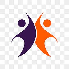 an orange and purple logo with two people holding each other's hands, on a white background