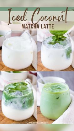 three different shots of iced coconut matcha latte with the text overlay that reads, how to make iced coconut matcha latte